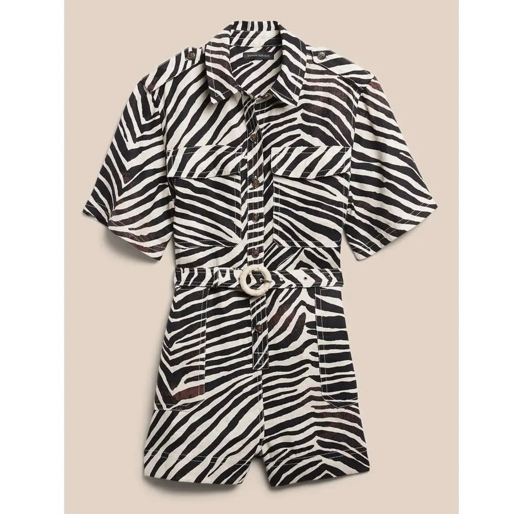 Banana Republic Black and White Zebra-Print Short Jumpsuit
